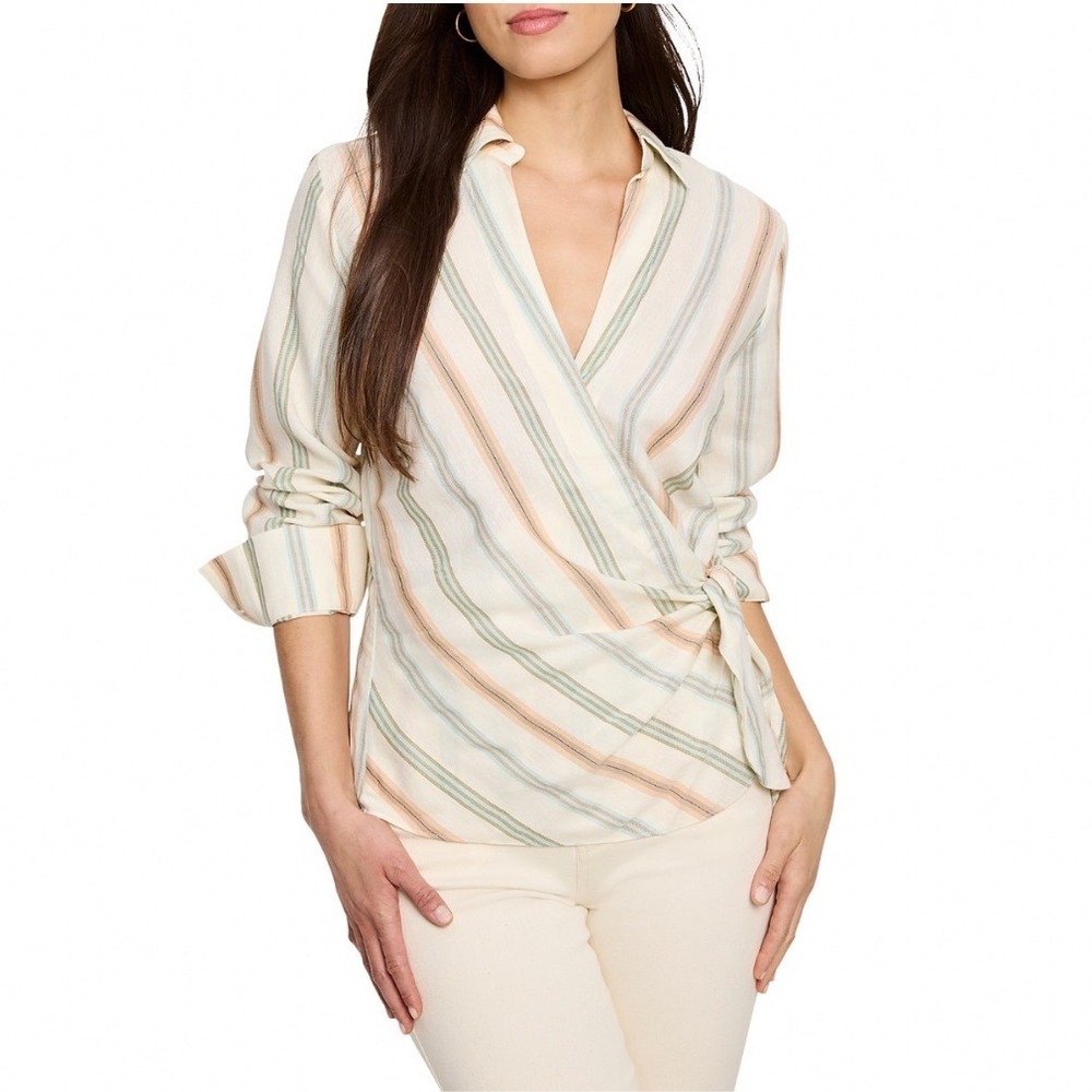 NIC+ZOE Striped Faux Wrap Top Neutral Multi Long Sleeve Hemp Tencel‎ XS NEW